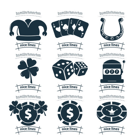 casino simple vector icon set. slot, dices, playing card, joker cap iconのイラスト素材