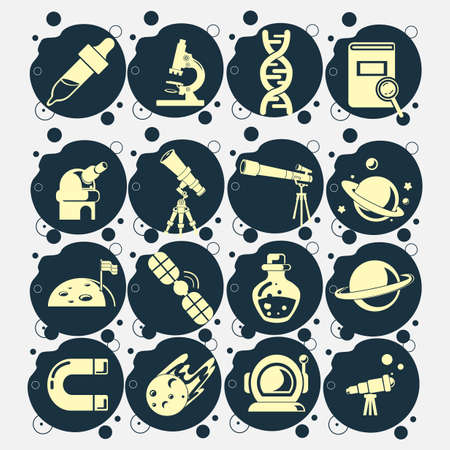 space and scienede icon set with telescope, satellite, planet, meteorite, astronaut helmetのイラスト素材