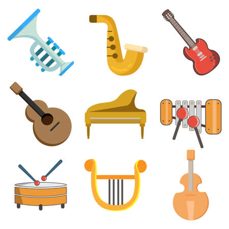 musical instruments vector clip art set, drums, grand piano, dulcimer, Barbitos, violin, trumpet, saxophone. musical instruments vector clip art set, drums, grand piano, dulcimer, Barbitos, violin, trumpet, saxophone.のイラスト素材