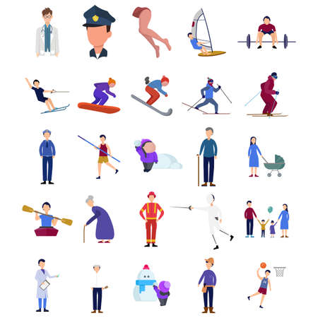 people character vector clip art set with doctor. cyclotourism. fireman, people, gymnastics. policeのイラスト素材