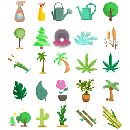 plan vector clip art set with bamboo, tree, flower, marijuana, leaf, palm, watering canのイラスト素材