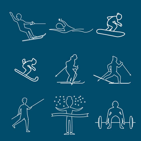 sports man with basketball player, pole vault, ski man, water skiing line icon set.のイラスト素材