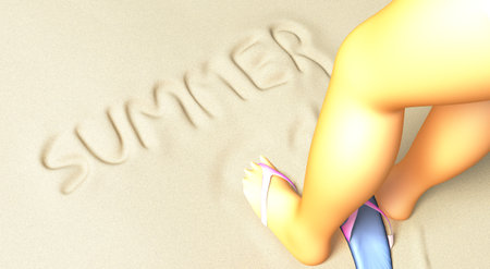 female legs on the beach sand, summer concept 3d illustration, inscription summer on the sandの写真素材
