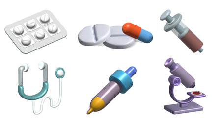 healthcare and medical 3d icon set with drugs, tablet pack, capsule, syringe, pipette, stethoscope 3d illustration.のイラスト素材