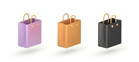 shopping bag 3d icon. soft lilac, black shopping package 3d vector icon. Bag with handle is stylish for shopping.のイラスト素材