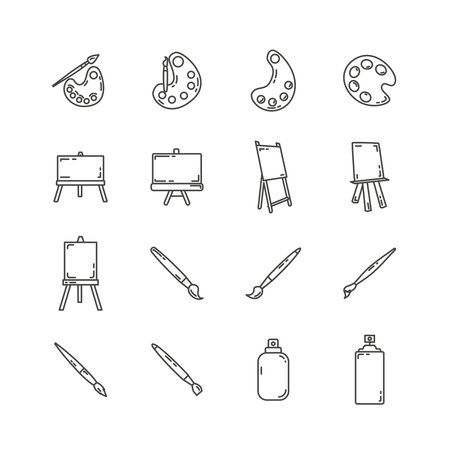 art line icon set with painting kit, easel and canvasのイラスト素材