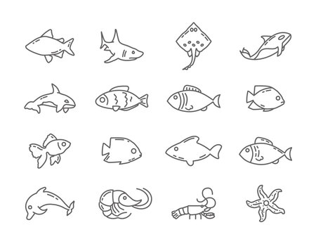 fish line icon set with shark, orca, starfishのイラスト素材