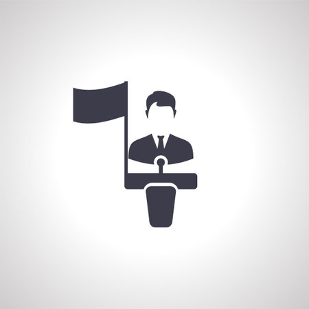 Orator speaking from tribune icon design. man on podium tribune stand with microphone icon. inauguration iconのイラスト素材