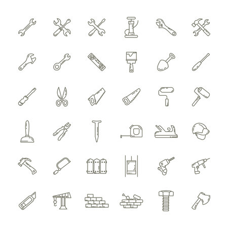 Construction tools line icon set with ax, hammer, wrenchの写真素材