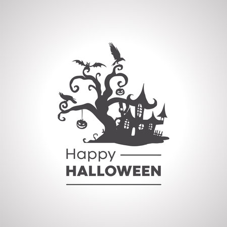 happy halloween icon with scary tree silhouetteのイラスト素材