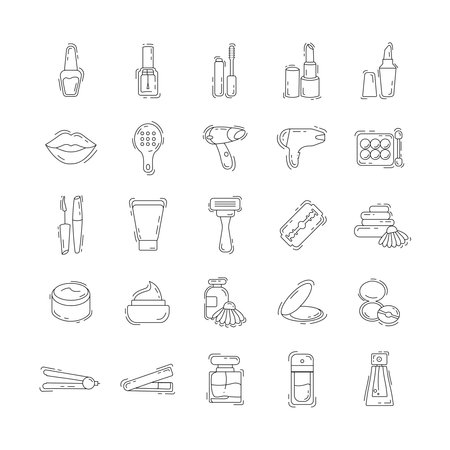 Cosmetic thin line icon set with lipstick, nail polish, mascara for eyesの写真素材