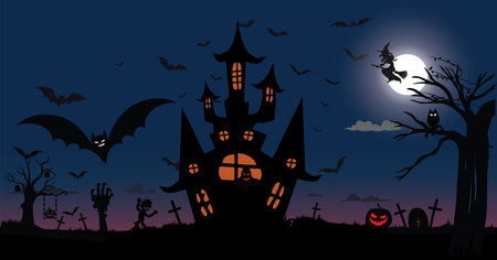 scary place with castle in cemetery, witch on moon and bats, Halloween background illustrationの写真素材
