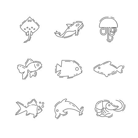 sea animals thin line icon set with fish iconの写真素材