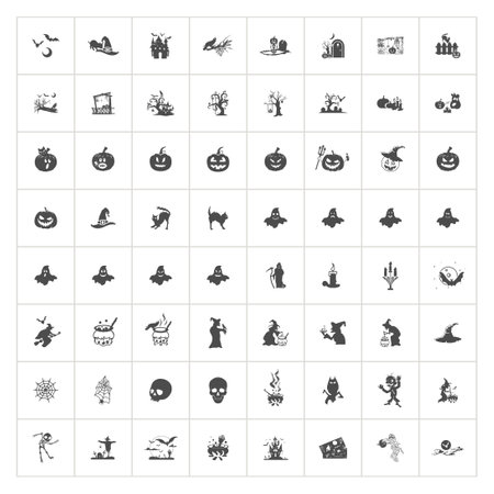 halloween icon set with jack lantern, witch, cat, candleのイラスト素材