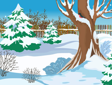 village fence with trees and snow winter vector illustrationのイラスト素材