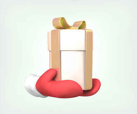 christmas gift 3d isolated illustration. christmas gift 3d icon. santa mittens hold white gift box with gold ribbon 3d render.のイラスト素材