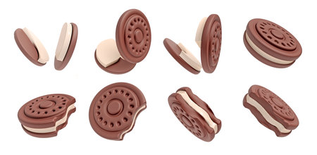 Chocolate Sandwich Cookie with a creamy filling 3d icon set include cookie bitten off and split in halfの写真素材