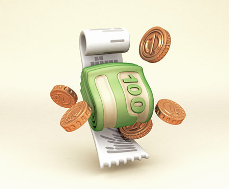 3D render of stacked green banknotes and floating copper coins, arranged in front of a rolled-up receipt.の写真素材