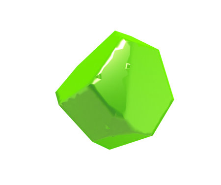 3D render of an unrefined uranium crystal with a polygonal isometric shape. The gemstone-like form has a stylized green tone and subdued lighting, ideal for use in UI design, radioactive materials, or futuristic energy icons.の写真素材