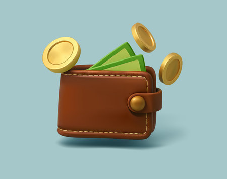 3D Wallet with Coins and Cash Iconのイラスト素材