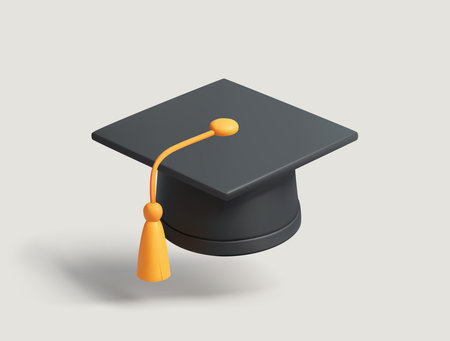 Graduation Cap 3D Icon. Black Mortarboard with Yellow Tassel isolated 3d vector Illustrationのイラスト素材