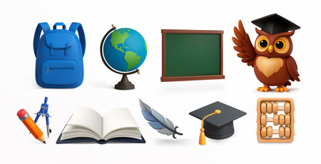 Colorful 3D vector icon set featuring school supplies, graduation symbols, and academic elements. Includes backpack, globe, chalkboard, owl, book, pencil, compass, quill, abacus, and graduation cap. Isolated on white, cartoon style.のイラスト素材