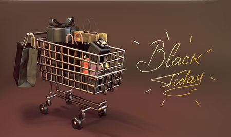 Black Friday Shopping Cart with Gift Bags 3D Vector Illustrationのイラスト素材