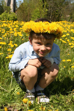 A boy in a field of dandelionsの写真素材
