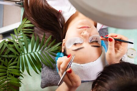 Master increases eyelashes of a young girl in a beauty salon. Professional eyelash extensions. Green tropical flower in the interior. View from above.の写真素材