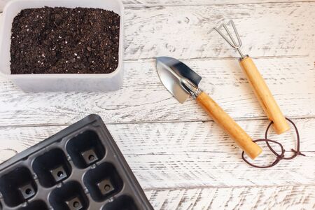 Home gardening. Plant care. White wooden background, gardening tools. Metal shovel, rake, cells for growing seeds, fertile soil in a plastic pot.の写真素材