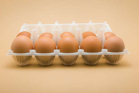 Eggs in a plastic tray, 10 pieces of brown chicken eggs.の写真素材