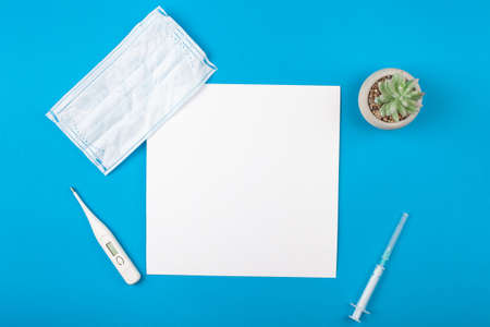 Mocup medicine on a blue background. phonendoscope, medical supplies. flat lay empty white space for text. Advertising, design, post. Green artificial plant succulentの写真素材