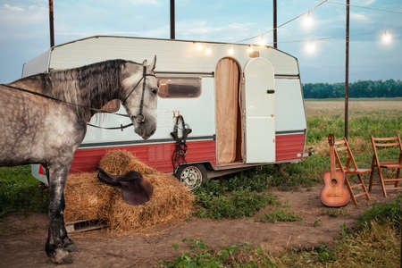 Beautiful gray horse, mobile trailer, glowing garland, guitar, folding chairs for rest, bales of hay, saddle and bridle. Ammunition for horse riding, country photo zone. Village, unity with natureの写真素材