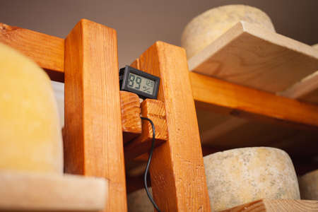 High humidity in the cellar, basement. Cheeses on wooden shelves, ripen with mold. Home production.の写真素材