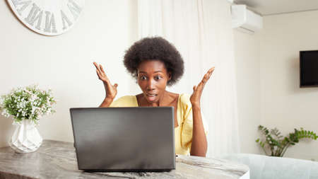 a African American Black Woman Portrait House. Indoor, woman is surprised, stunned, angry, mouth...
