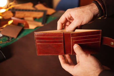 Beautiful genuine leather purse, workshopの写真素材