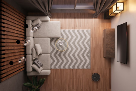 3D rendering living room, gray sofa, TV, robot vacuum cleaner, coffee table and cabinet, decorations, green plant in pot. top viewの写真素材