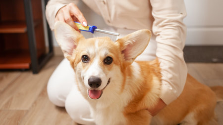 woman combs dog, molting, combing coat of corgi, taking care of pets, love. puppyの写真素材