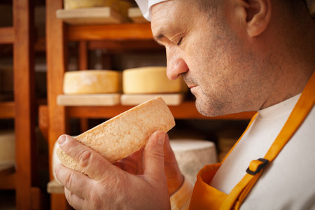 male, man cheese maker businessman, individual entrepreneur, checks cheese in cellar, basement. cheese head ripens on wooden shelves, process of producing homemade. sniffingの写真素材