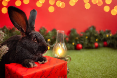 black rabbit is a symbol of 2023, Christmas, new year, winter holiday. Beautiful red background, Christmas tree with balls and garland, empty space for text, copy space. candleの写真素材