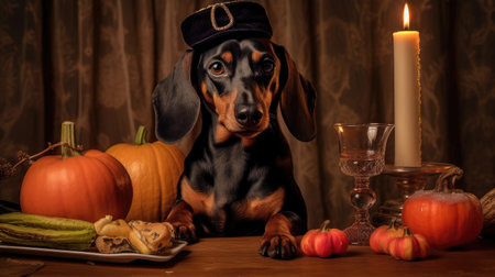 A dachshund in a hat sits at a table with candles, pumpkins, and Halloween decorations, celebrating the holiday AI Generatedの素材
