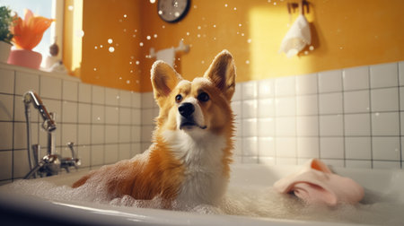 A corgi dog is sitting in a bathtub filled with foam inside an apartment. care, love, AI Generatedの素材