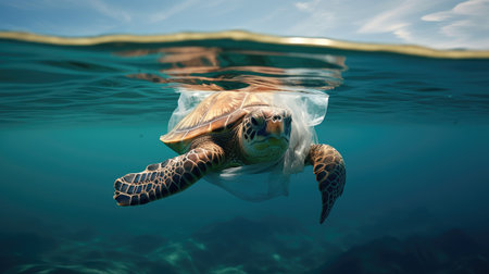 A turtle trapped in a plastic bag in the ocean, representing the devastating effects of plastic pollution on marine life. AI Generatedの素材