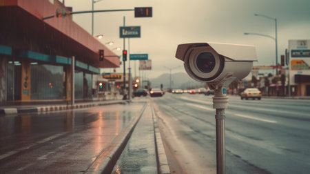 A video surveillance camera is positioned on the side of a road, capturing footage of passing vehicles for enforcement purposes, such as issuing fines for traffic violations. AI generatedの素材