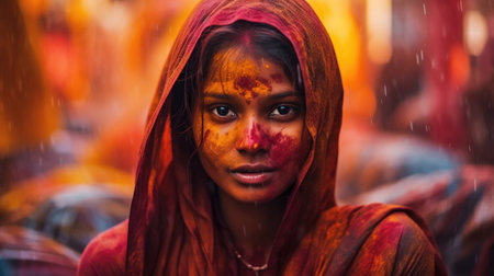 portrait of a woman at a Holi festival, with vibrant colors of red, yellow smeared on her face and hair AI generatedの素材
