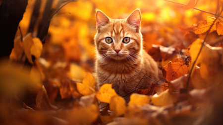 Cat in leaves in the forest, orange autumn, bright portrait generated AIの素材
