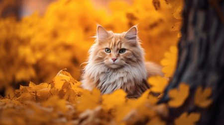 fluffy Cat in leaves in the forest, orange autumn, bright portrait. generated AIの素材