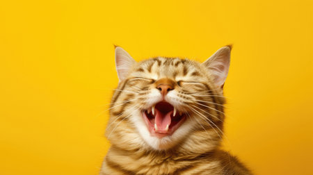 Funny cat on yellow background, portrait of mocking cat with copy space. generated AIの素材