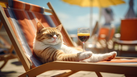The cat is on vacation at sea, resting and enjoying life. Lying on a sun lounger and sunbathing. wine generated AIの素材