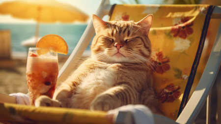 The cat is on vacation at sea, resting and enjoying life. Lying on a sun lounger and sunbathing. Summer drink generated AIの素材